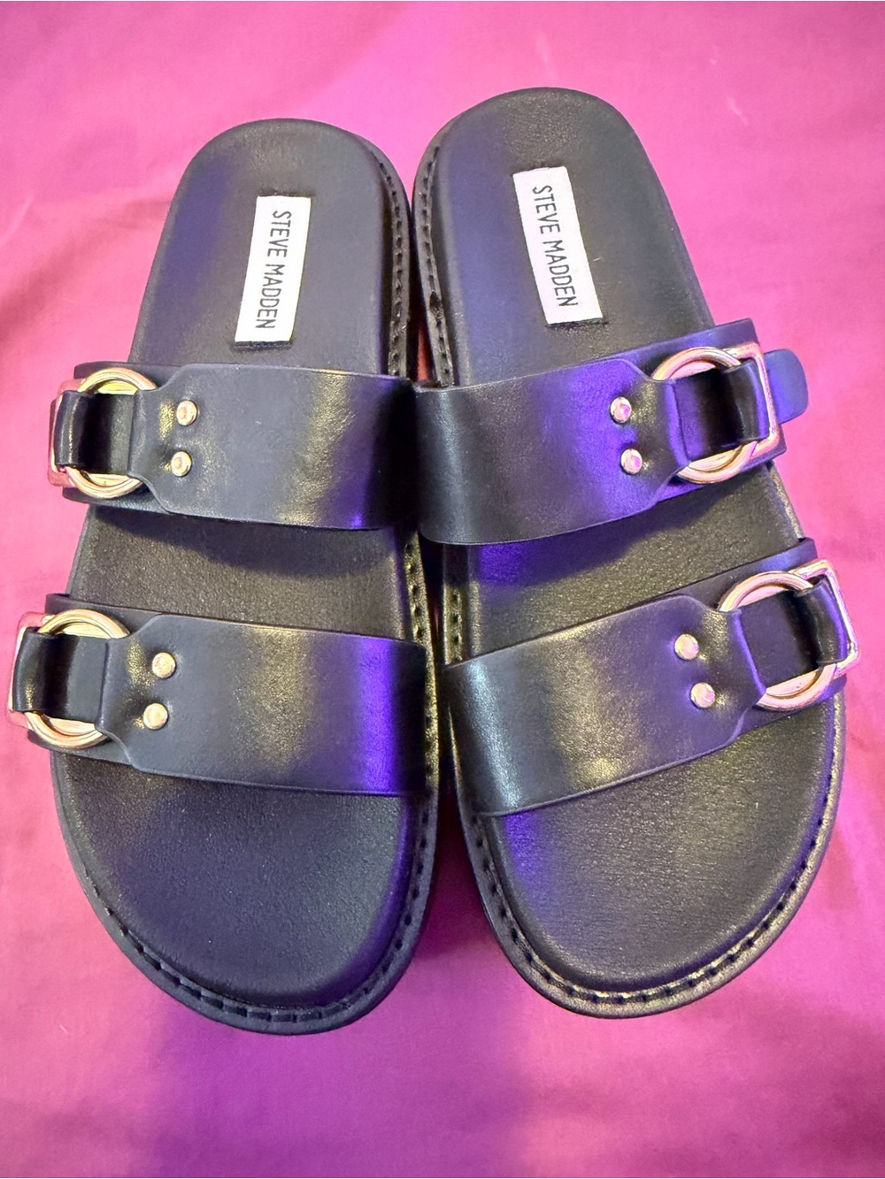 Steve Madden Black Double-Buckle Slide Sandals